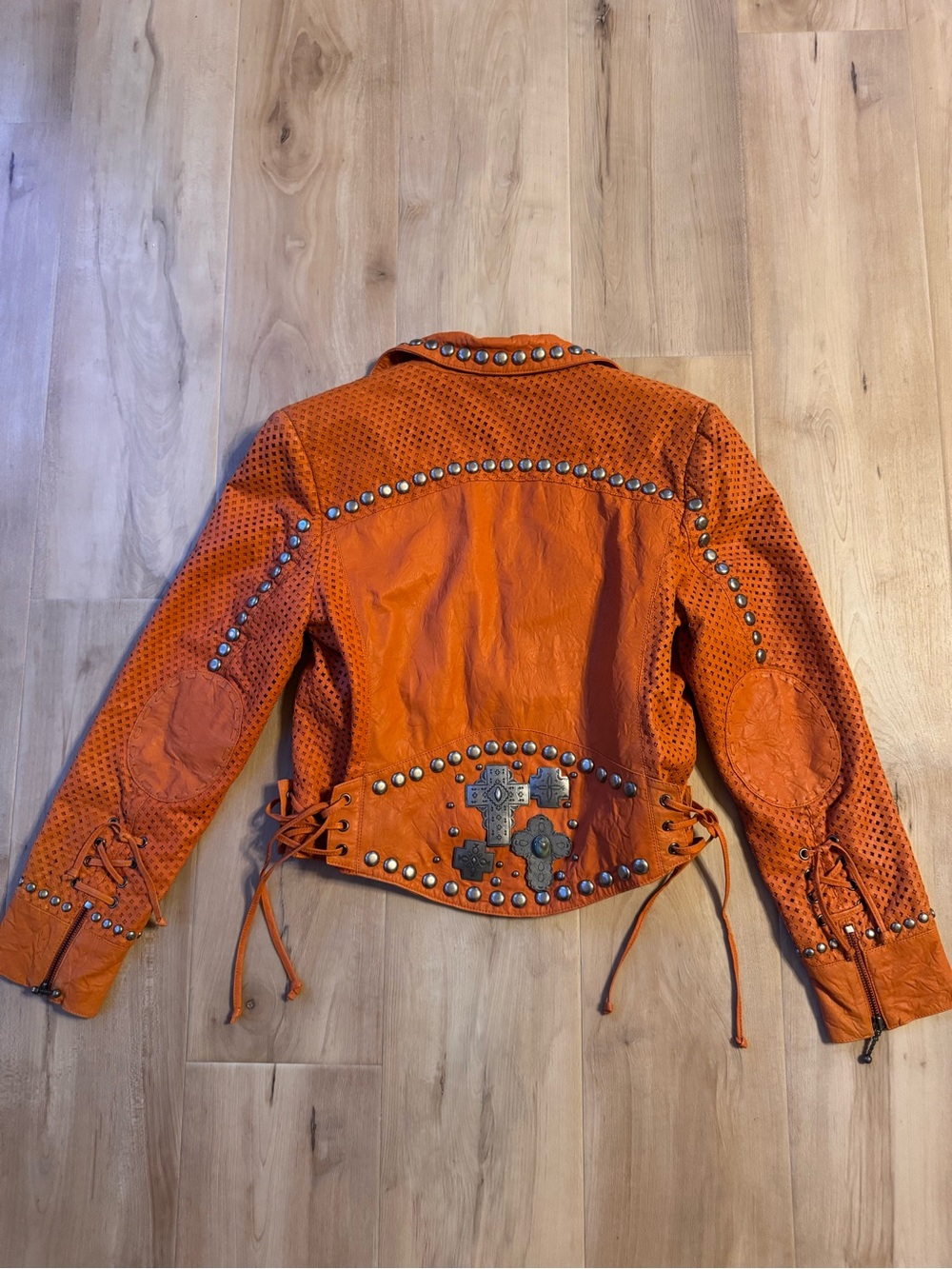 Double D Ranch Orange Leather Silver Studded Jacket - Picture 2 of 11
